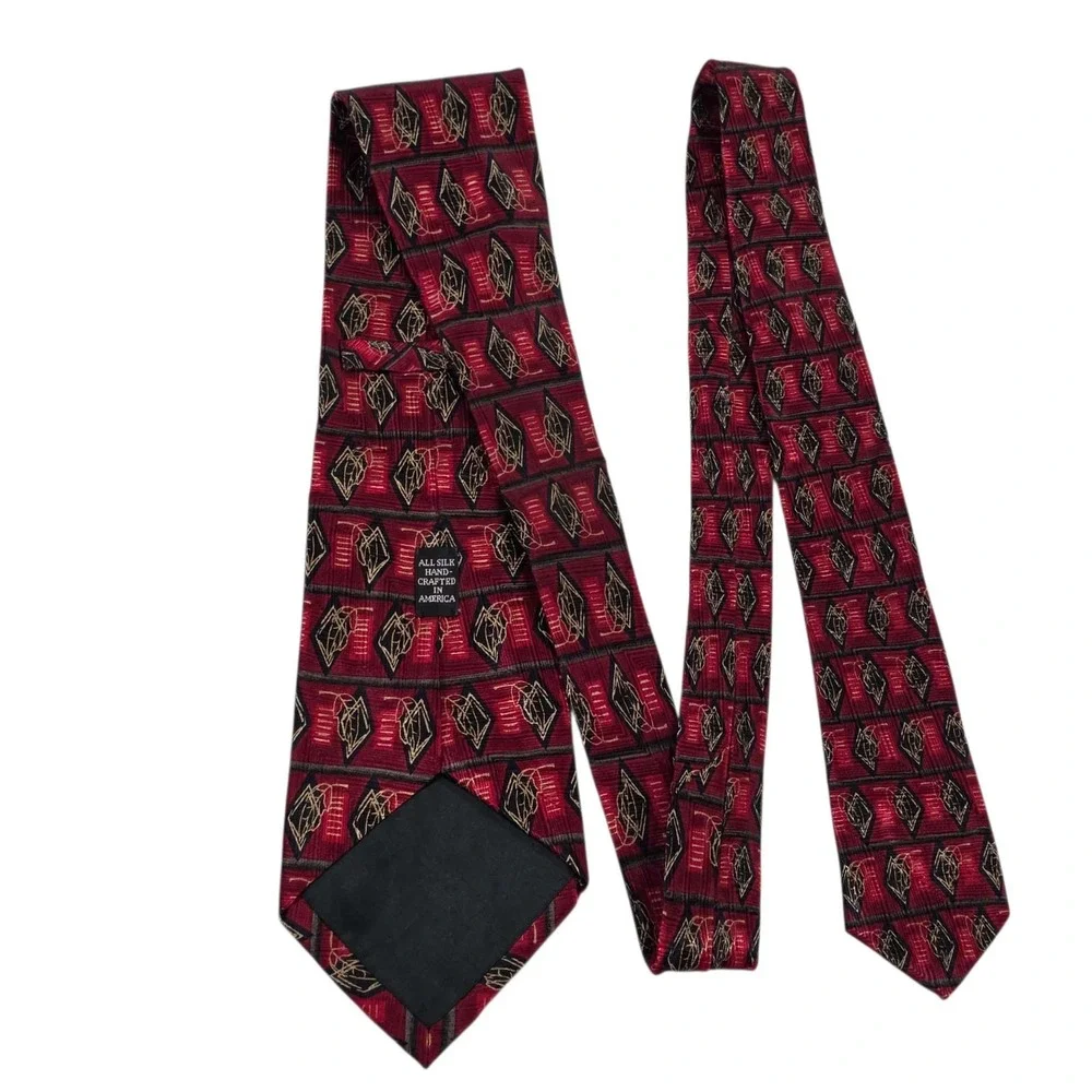 J.Z. Richards Silk‎ Geometric Pattern Tie Red Gold Hand Crafted USA Necktie